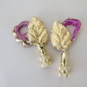 Vintage Italian Gold Leaf Tole and Pink Geode Lamp Finials, Pair